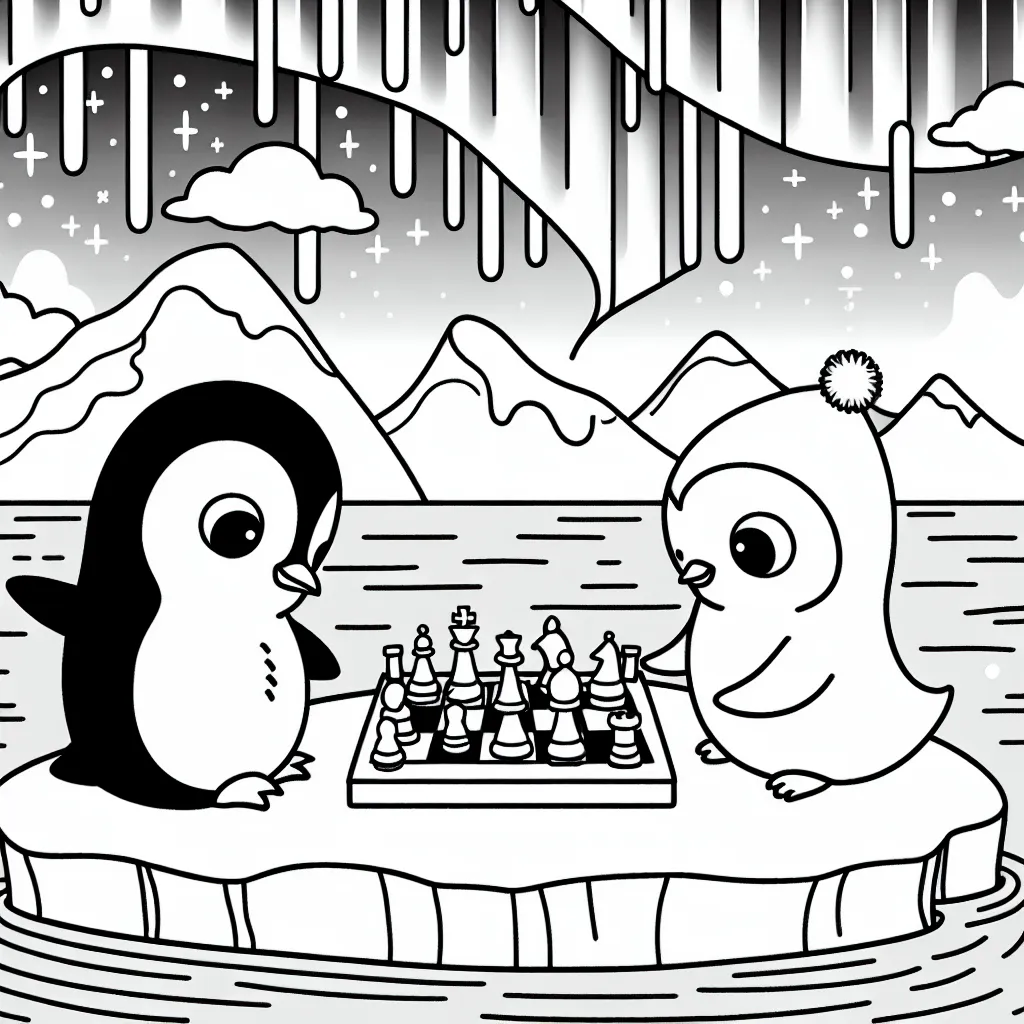 Un petit pingouin jouant aux échecs sur un iceberg sous l'Aurore Boréale