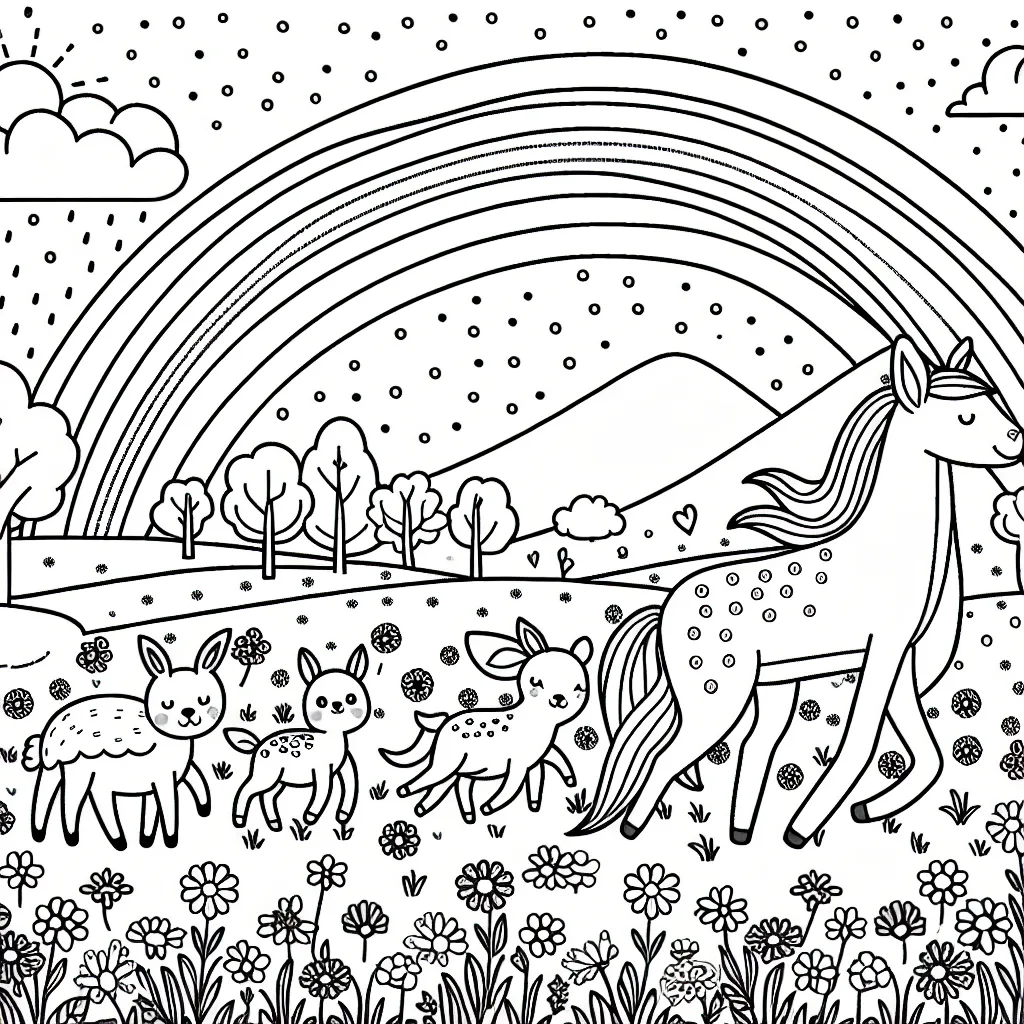 Dessine une famille d'animaux traversant un arc-en-ciel magique au milieu d'un grand champ de fleurs