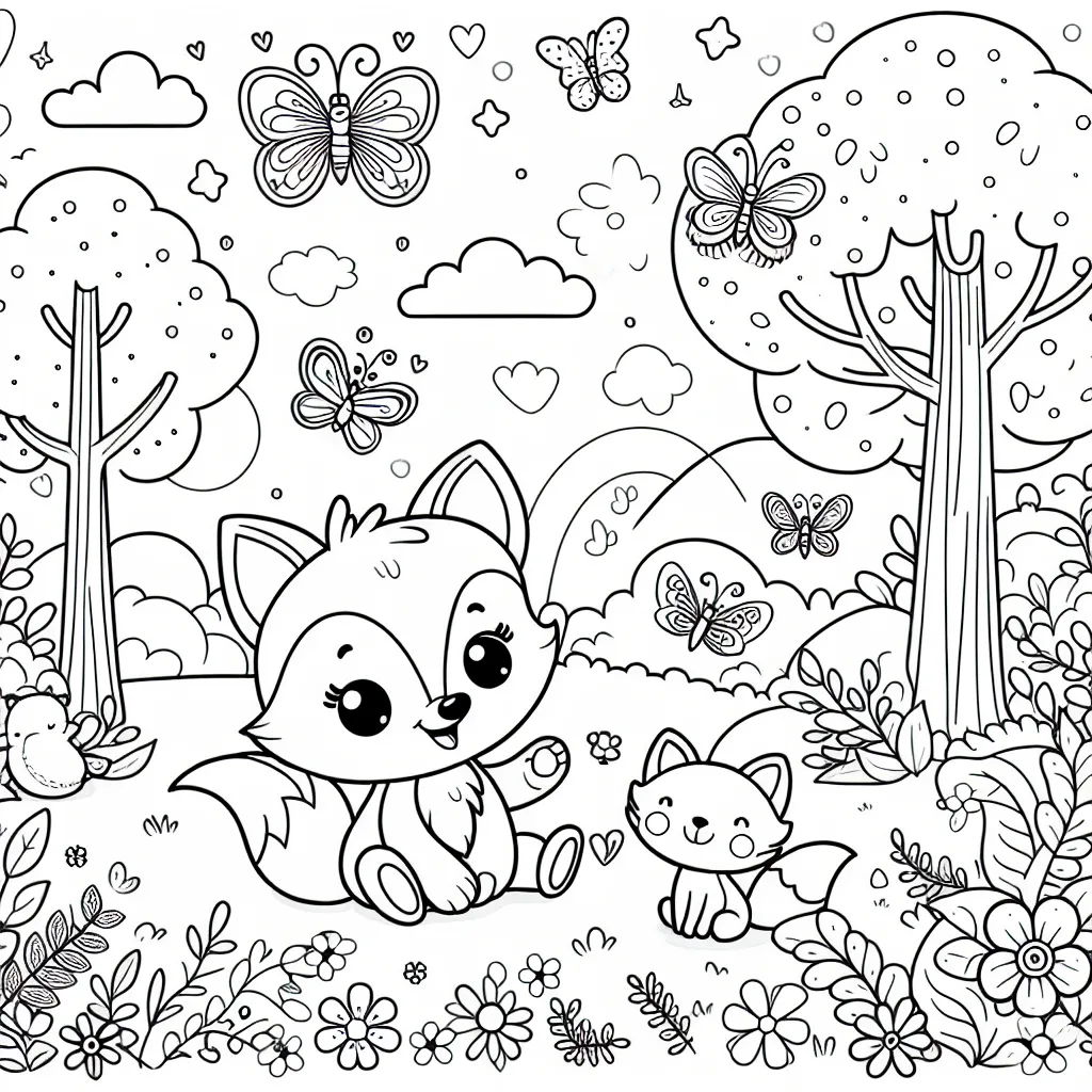 Dans une forêt enchantée, un petit renard joue avec ses amis animaux. Il y a des papillons magiques, des arbres vivants et des fleurs qui chantent la mélodie de l'amitié.