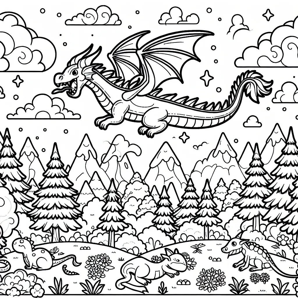 Un légendaire dragon de feu survolant une forêt enchantée peuplée de créatures magiques