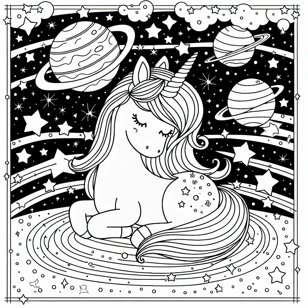 Créez un coloriage pour enfant avec des licornes dans l'espace, entourées d'étoiles scintillantes et de planètes colorées.
