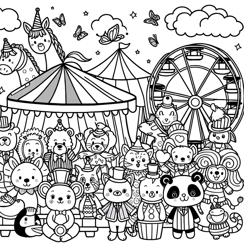 Un parc d'attractions rempli d'animaux drôles portant des costumes colorés et jouant à des jeux de fête foraine.