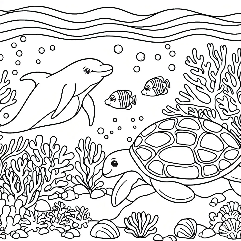 Voyage aux fonds marins avec une tortue, un dauphin et des poissons colorés entourés de récifs coralliens
