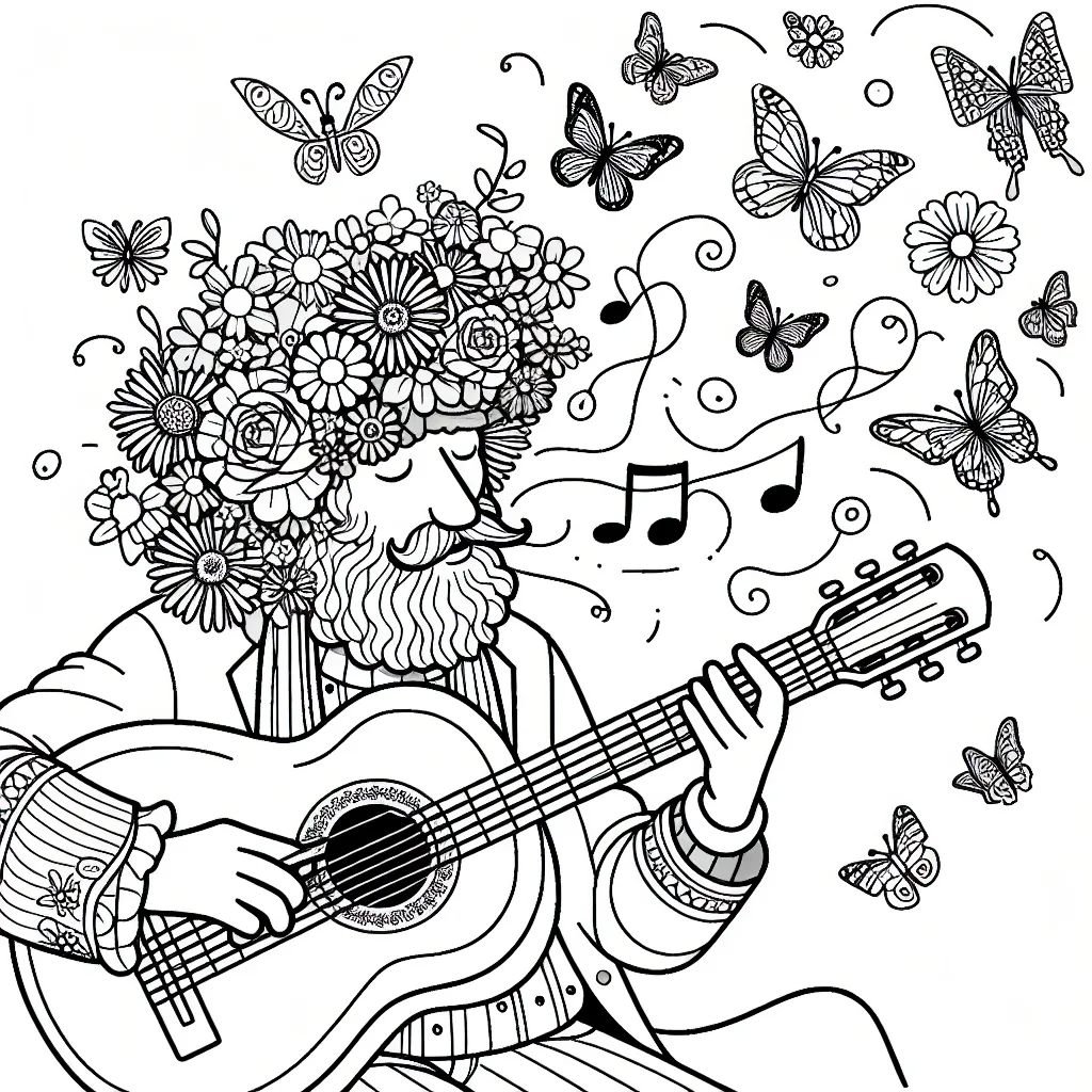 Un jardinari virtuose joue une mélodie sur une guitare faite de fleurs, tandis que des papillons multicolores dansent autour de lui.
