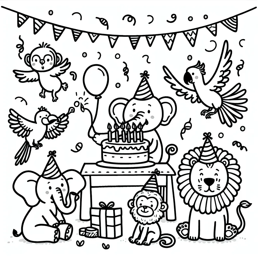 Imagine une scène d'anniversaire merveilleuse tenue par des animaux de la jungle. Les éléphants et les singes portent des chapeaux de fête, les perroquets volent avec des guirlandes colorées et le lion souffle les bougies sur le gâteau d'anniversaire.