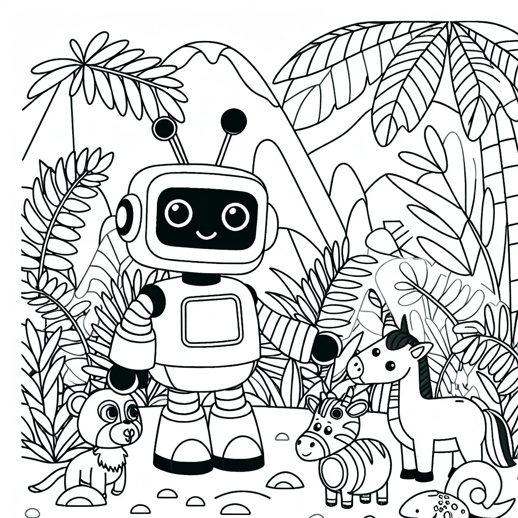 Dessinez une scène où un gentil robot explore une jungle tropicale en compagnie d'animaux exotiques