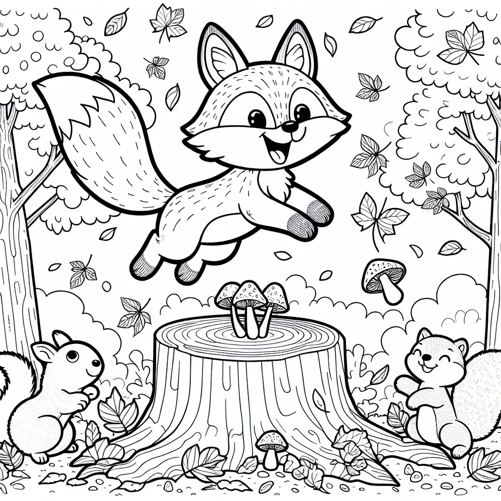 Un joyeux renard dans une forêt automnale, sautant par-dessus une souche d'arbre couverte de champignons avec des écureuils à proximité et des feuilles d'automne qui tombent du ciel.