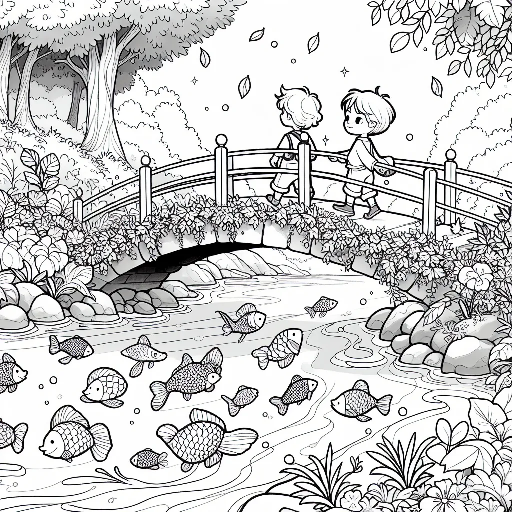 Un petit garçon et une petite fille traversent un pont magique au dessus d'un ruisseau étincelant rempli de poissons colorés, pendant une journée d'automne.