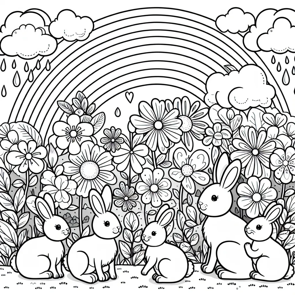 Un groupe de lapins jouant dans une clairière ornée de fleurs multicolores avec un arc-en-ciel au loin.