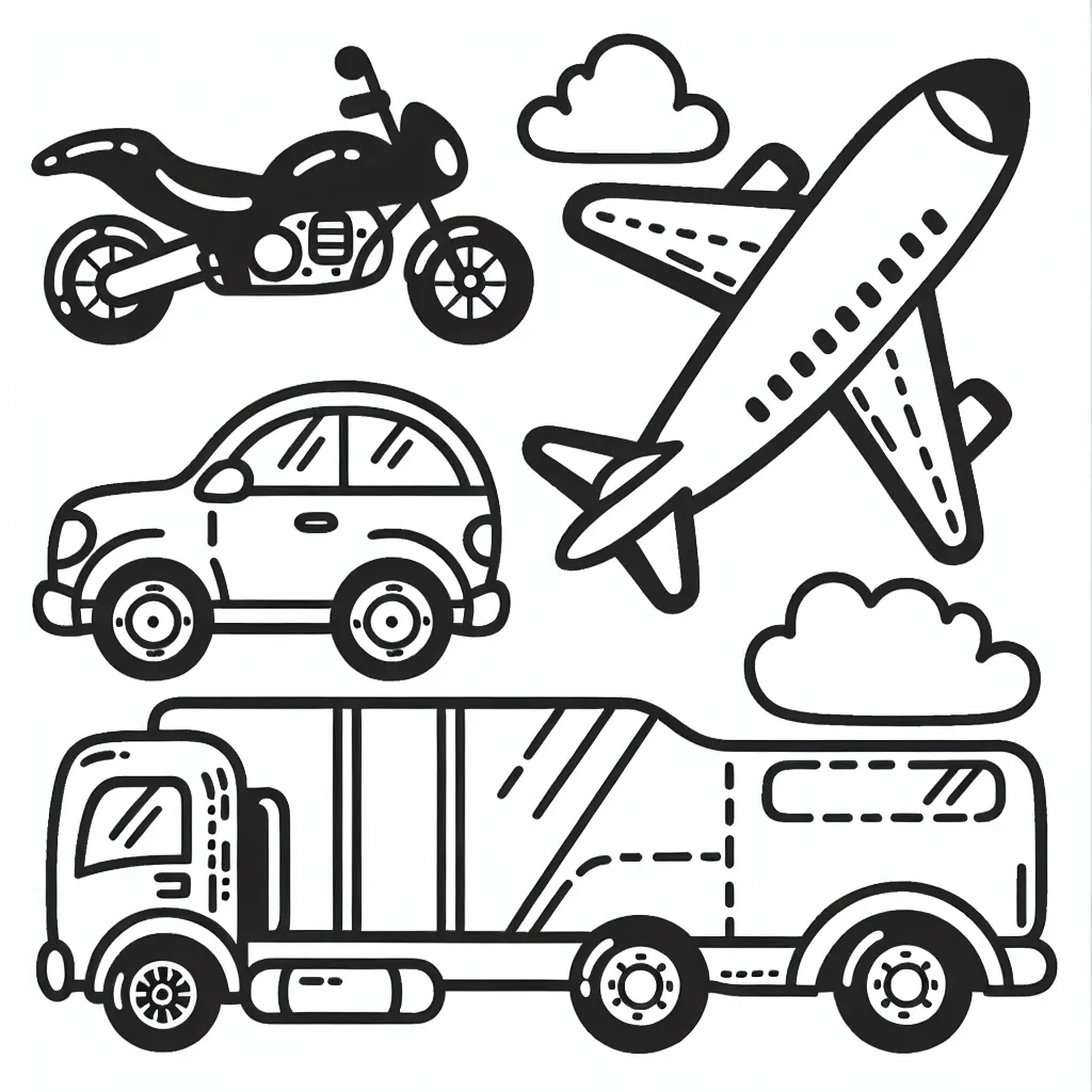 Un coloriage pour enfant de véhicules : moto, voiture, camion, avion.