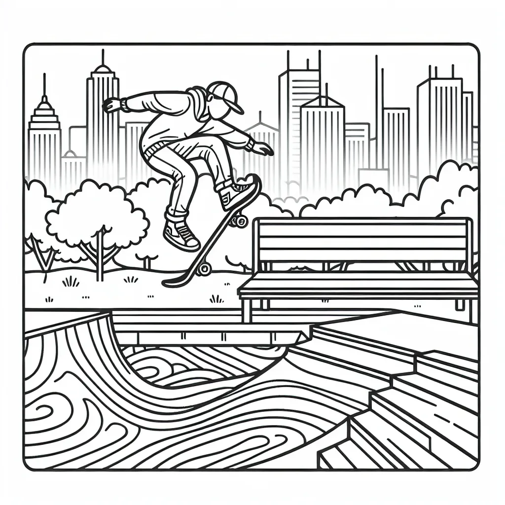 Dessine un skateur en plein saut au dessus d'une rampe dans un skatepark, avec un paysage urbain en arrière-plan.