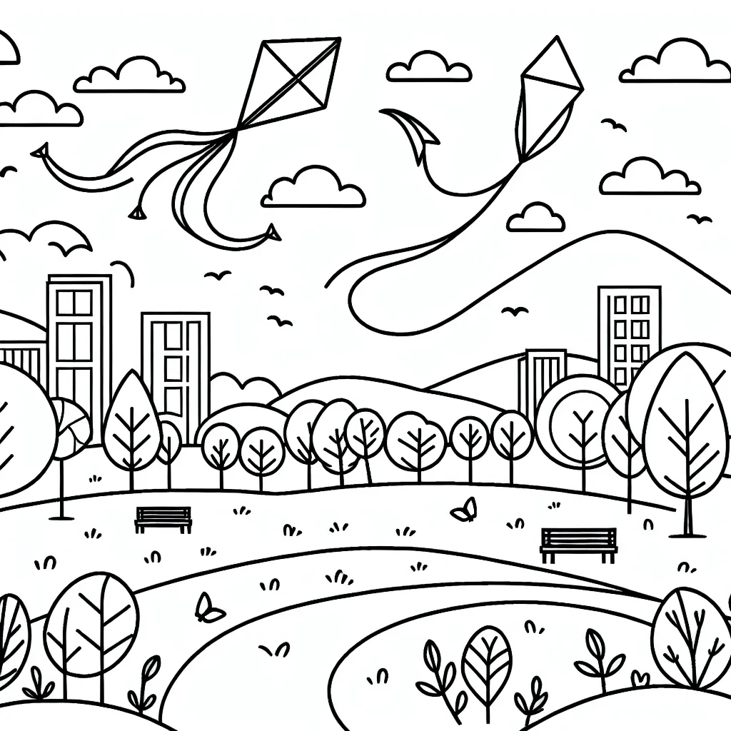 Crée un dessin plein de jolies formes de votre préférée : les cerfs-volants dans le ciel au-dessus d'un parc lumineux et coloré.