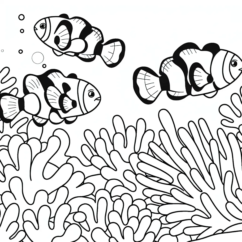 Une famille de poissons clown se baladant librement parmi les coraux colorés du fond marin.