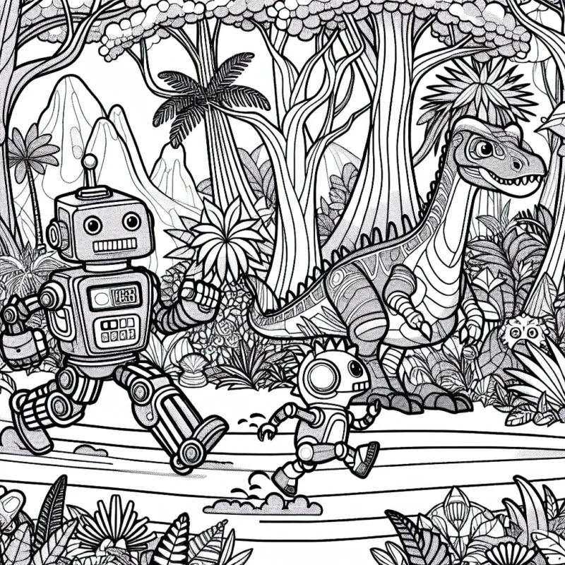 Un robots et dinosaures qui se livrent une course endiablée dans une jungle mystérieuse, peuplée d'arbres géants, de fleurs exotiques et de multitudes d'animaux.