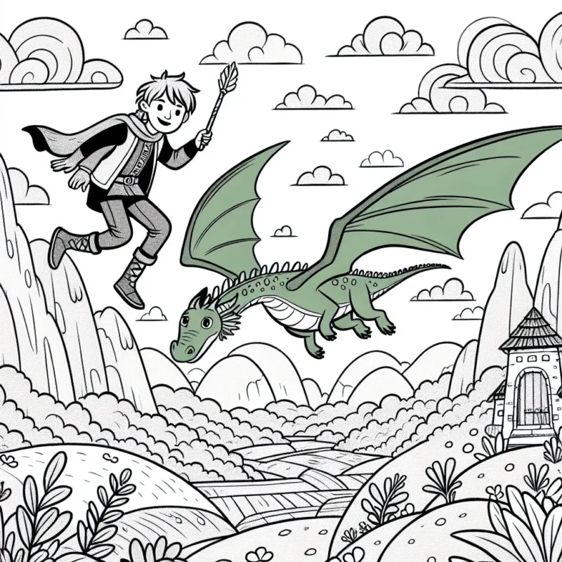 Un petit garçon chevauchant un dragon vert en plein vol au-dessus d'un paysage fantastique à colorier
