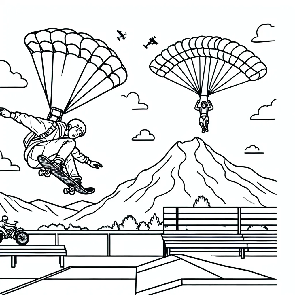 Un jeune skateur exécutant un saut audacieux au-dessus d'une rampe dans un skatepark et un autre parachutiste en pleine action dans le ciel, avec une montagne en arrière-plan.