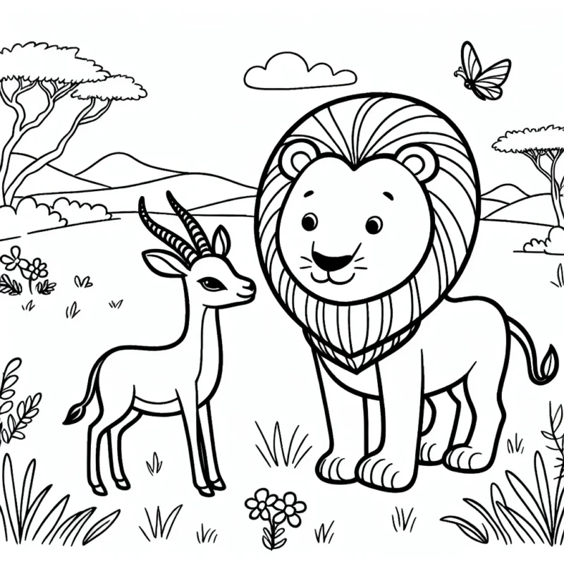 Une scène du royaume animal où un lion sympathique et une gazelle se font amicalement dans la savane africaine.