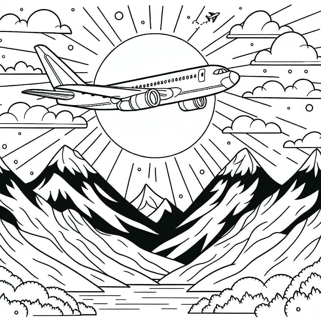 Dessine un avion de ligne survolant les cimes d'une montagne couverte de neige avec un soleil couchant à l'arrière-plan.