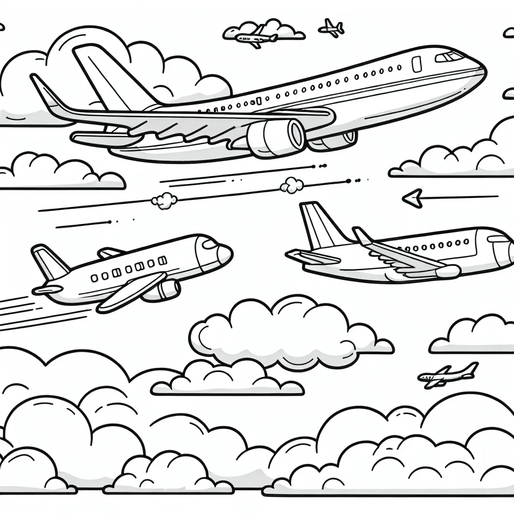 Dans le ciel bruyant et rempli de magnifiques nuages, trois avions différents sont prêts pour l'aventure. Un est un jet de passagers, l'autre est un petit avion privé et le dernier est un avion de chasse rapide. Chaque avion vole à une altitude différente, rendant la scène encore plus intéressante.