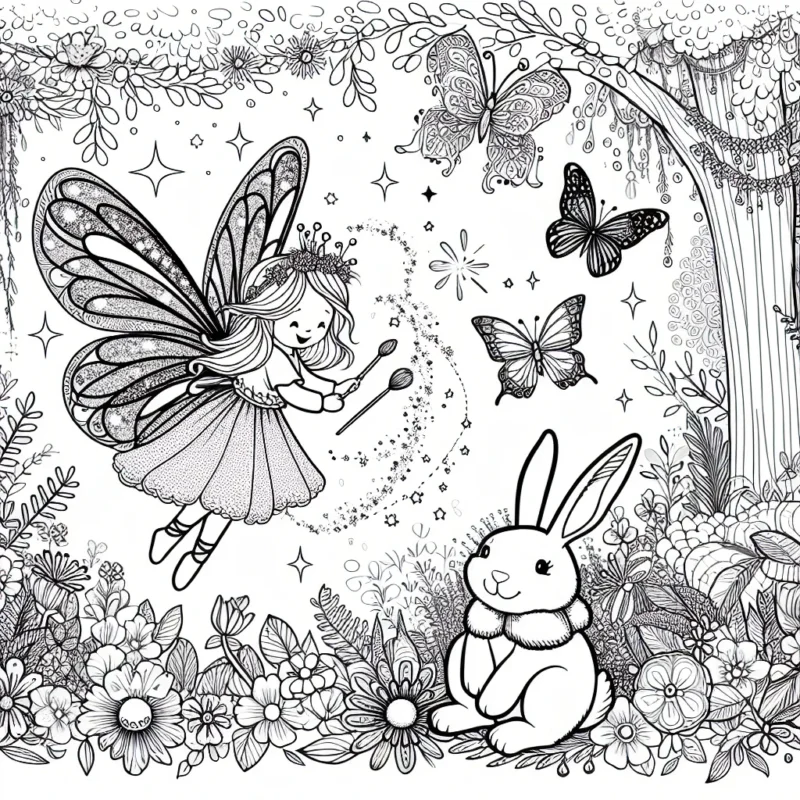 Imagine une fée magique qui joue avec un adorable lapin enchanteur dans une forêt enchantée, parsemée de fleurs colorées et de papillons volants.