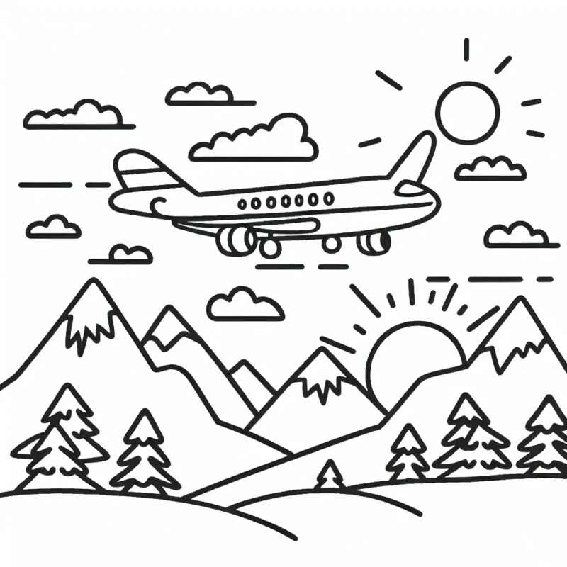 Dessine un avion qui vole au-dessus des montagnes enneigées avec un coucher de soleil en arrière-plan.