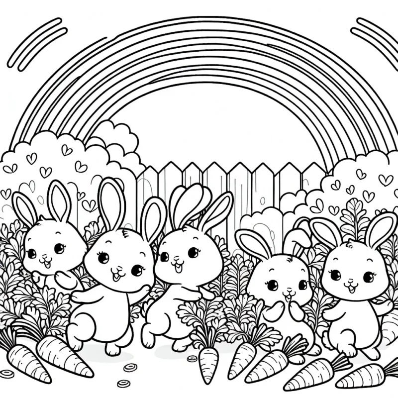 Une bande de joyeux lapins joue dans un jardin de carottes sous un arc-en-ciel.