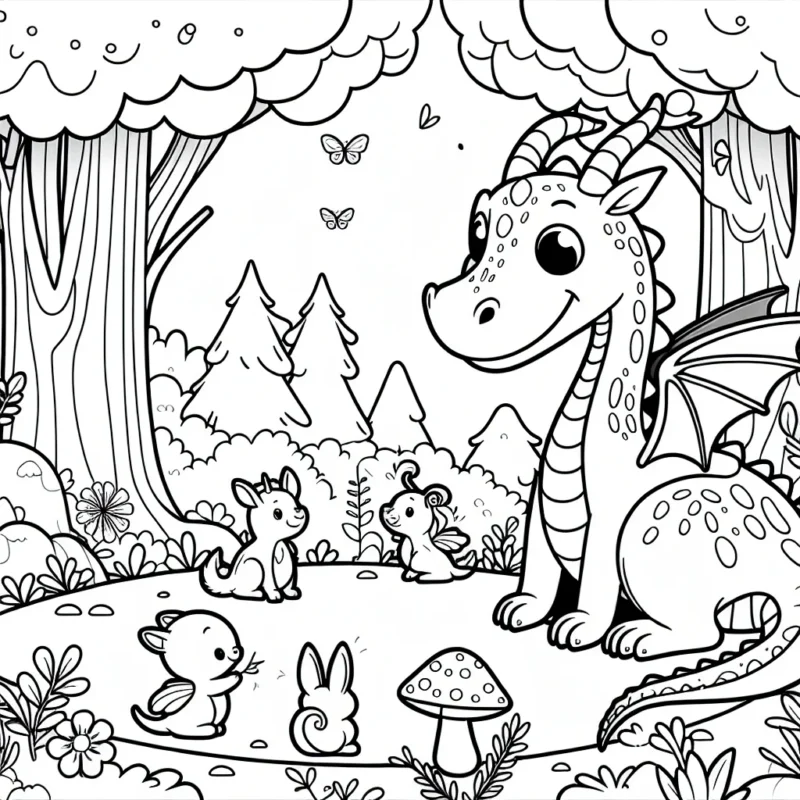 Un dragon sympathique joue avec ses amis animaux dans une forêt enchantée
