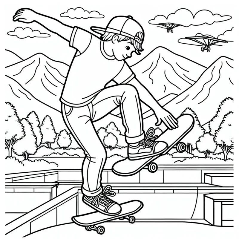 Dessine un skateboarder qui effectue une acrobatie aérienne dans un skatepark, avec un paysage de montagnes en arrière-plan.