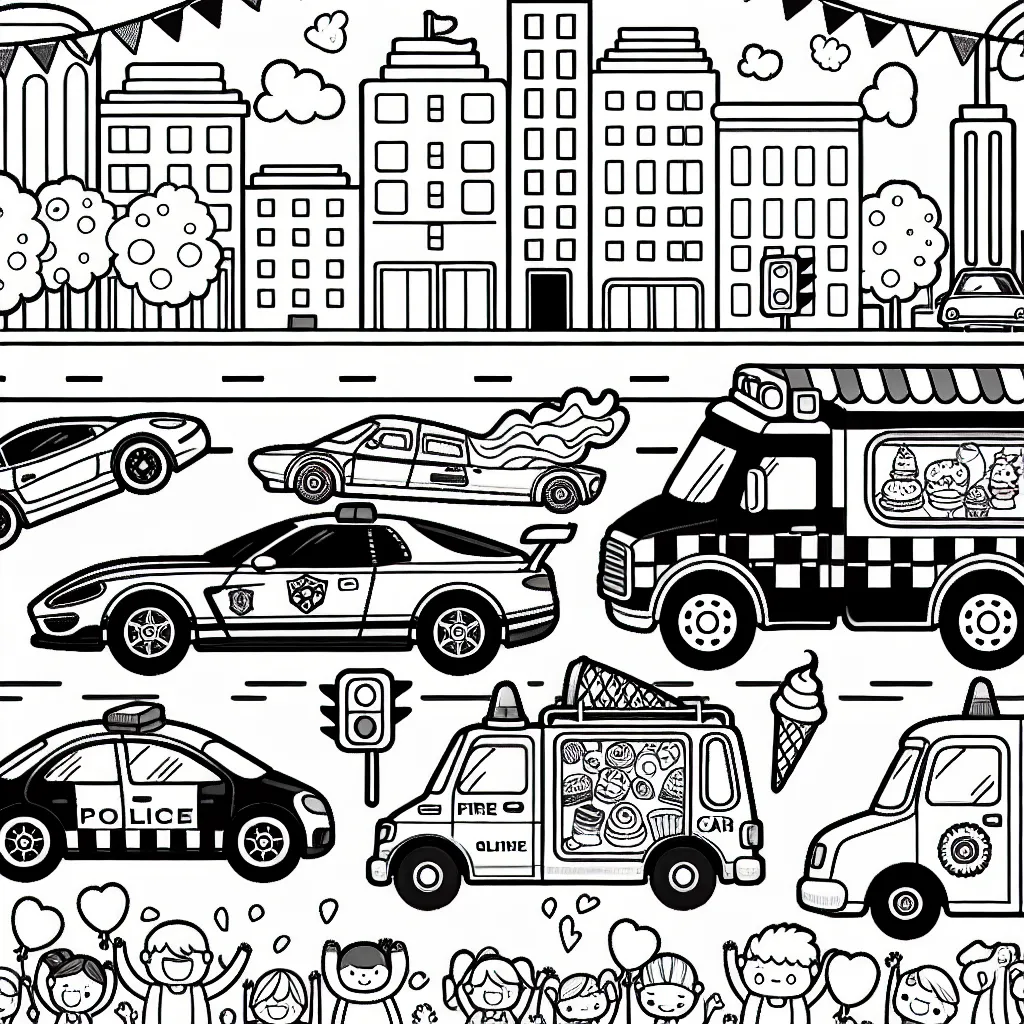 Une parade de voitures colorées traverse une ville animée. Il y a une voiture de course rapide, une limousine luxueuse, un camion de pompier, une fourgonnette de glaces et une voiture de police. Chaque voiture est dessinée avec des détails uniques pour que l'enfant puisse les colorier. Il y a aussi des bâtiments de la ville, des arbres, des feux de circulation et des gens qui applaudissent en arrière-plan.