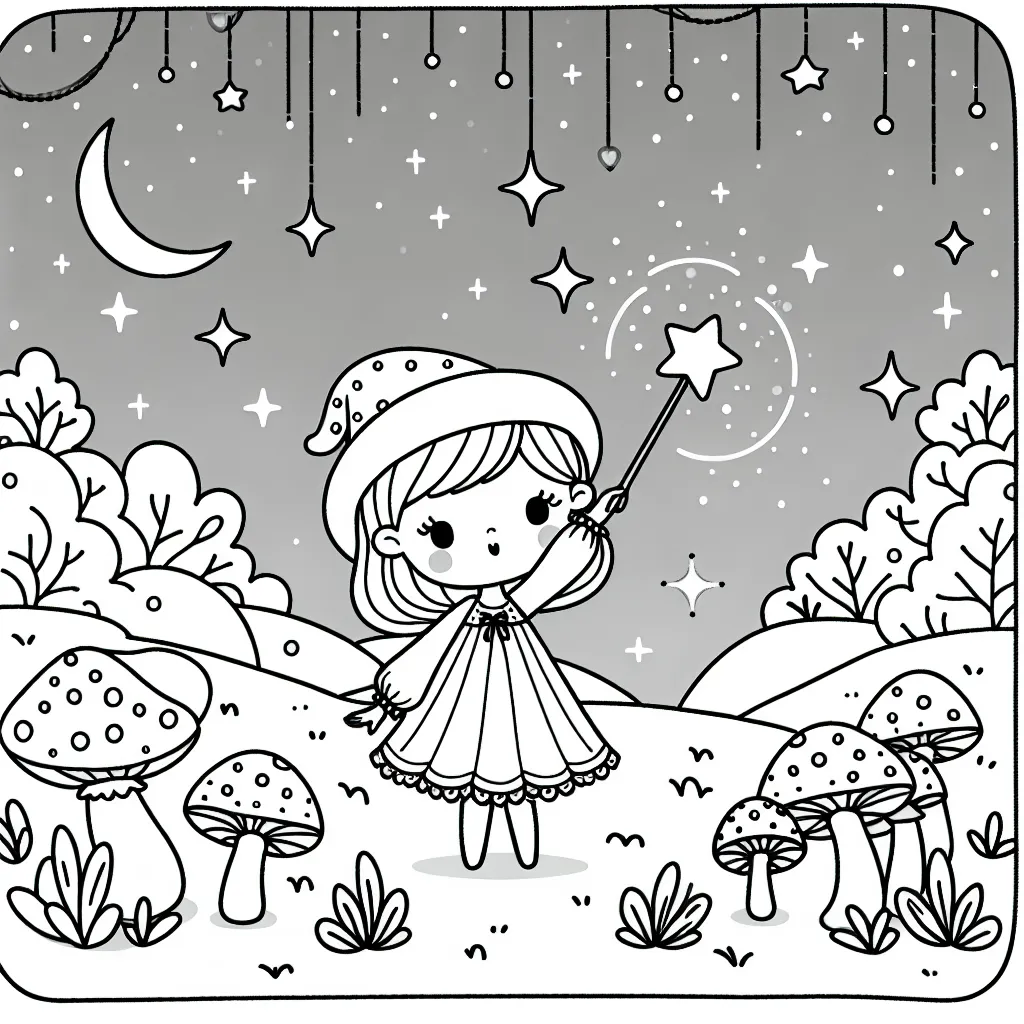 Une petite fée enchantée agitant sa baguette magique devant son royaume de champignons étincelants sous les pétillantes étoiles de la nuit.