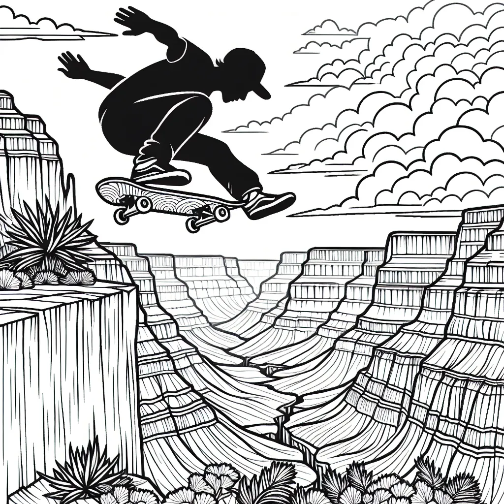 Dessine un skateboarder professionnel qui fait un saut incroyable par-dessus un grand canyon, avec des montagnes en arrière-plan et un coucher de soleil spectaculaire.