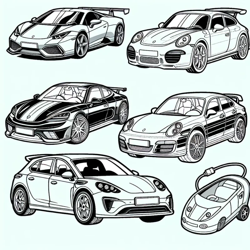 Dessine et colore différentes voitures en te basant sur les marques spécifiques données. Tu trouveras une Ferrari, une Mercedes, une Peugeot et une Tesla. Rends chaque voiture aussi détaillée que possible.
