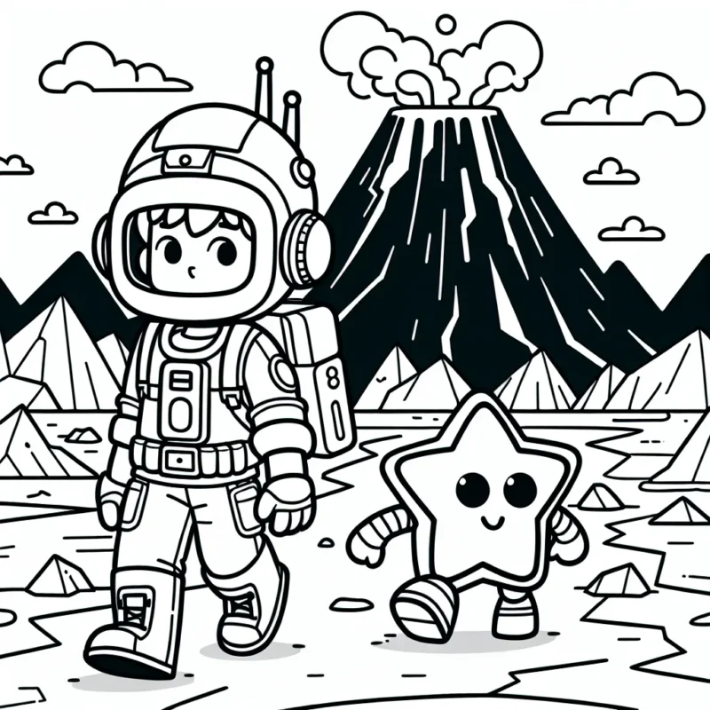Un aventurier audacieux traverse un paysage volcanique, accompagné de son fidèle robot compagnon étoile. Ils font face à des défis palpitants dans leur mission passionnante.