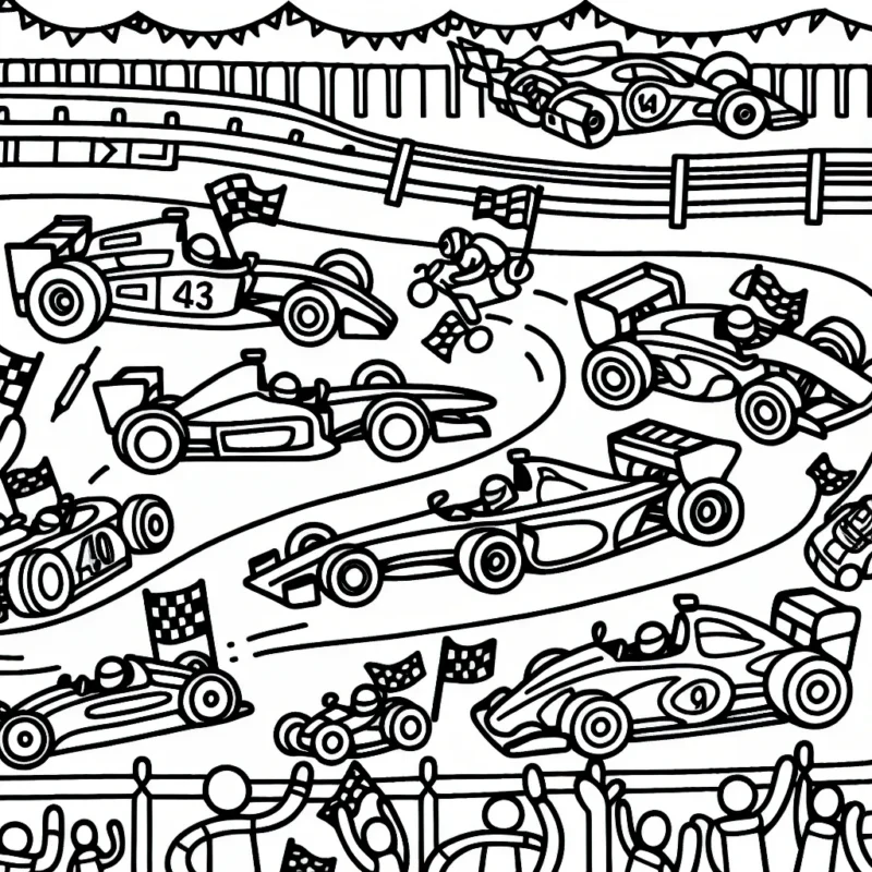 Dessine une scène animée avec différentes voitures de course colorées sur un circuit animé avec des personnages qui les encouragent.