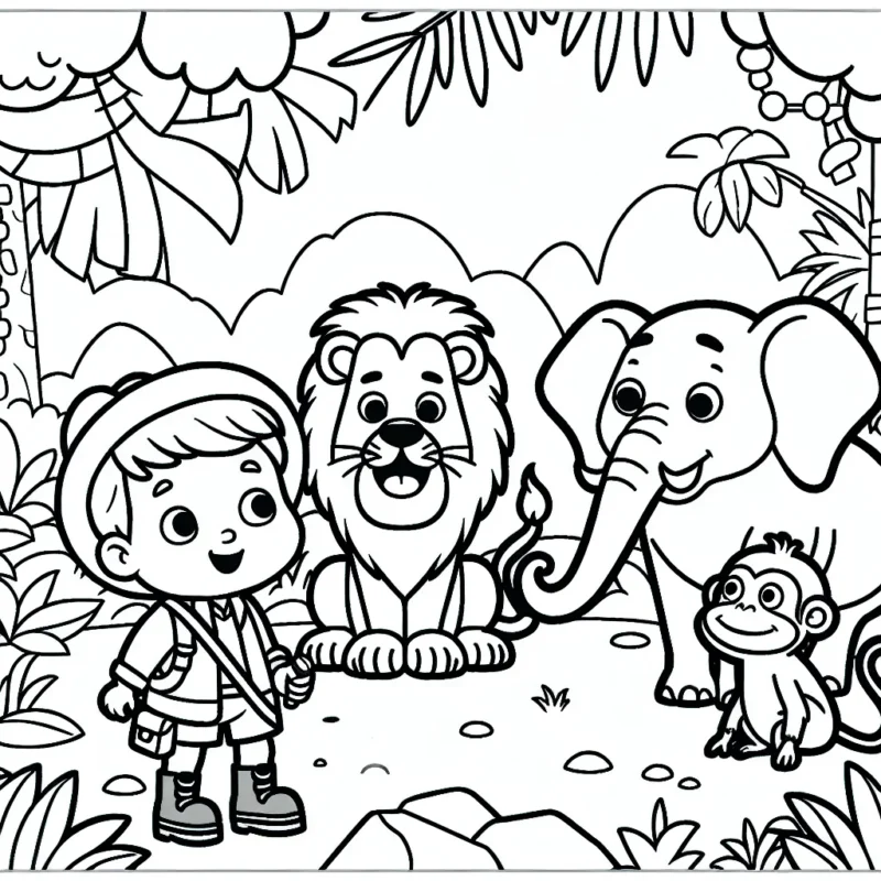 Dessine une jungle animée avec un petit garçon explorateur, un lion courageux, un singe fou et un éléphant amical!