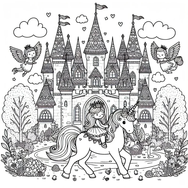 Un magnifique château féerique entouré d'animaux magiques, avec au centre une petite princesse chevauchant une licorne ailée.