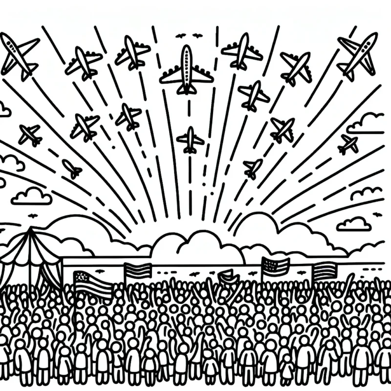 Imaginez un coloriage qui représente un spectacle aérien avec de nombreux avions traversant le ciel au-dessus d'une grande foule.