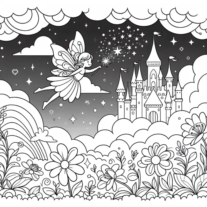 Dans un monde enchanté, une petite fée volante s'apprête à disséminer ses poussières d'étoiles sur une floraison de fleurs printanières. Au loin, un château multicolore émerge derrière un océan de nuages doux et vaporeux.
