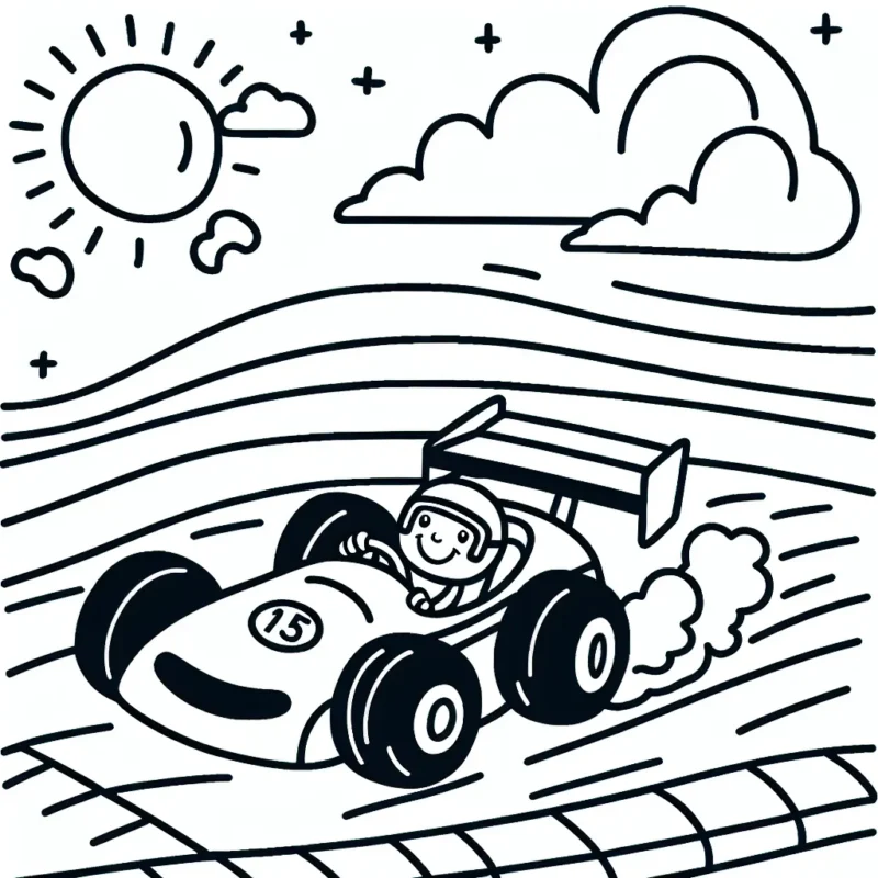Dessine une voiture de course roulant à toute vitesse sur une piste de circuit, avec un conducteur heureux à l'intérieur et un beau ciel bleu au-dessus.