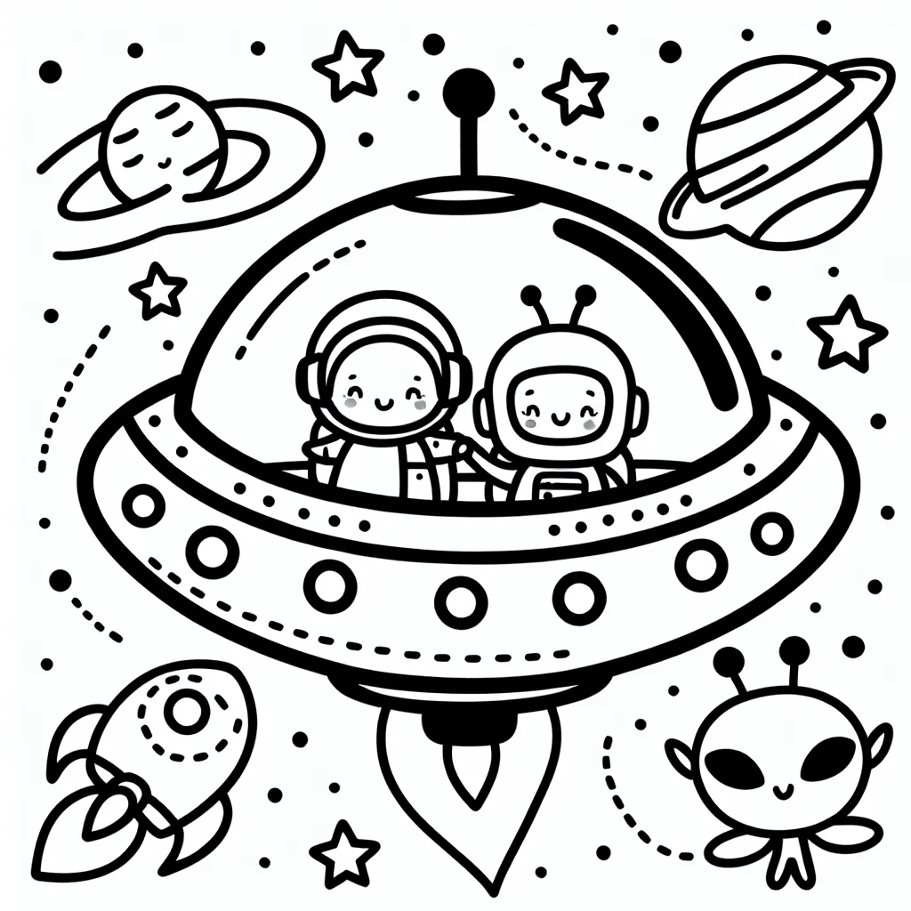 Imagine un vaisseau spatial volant parmi les étoiles, avec des astronautes et des aliens amicaux jouant ensemble à l'intérieur.