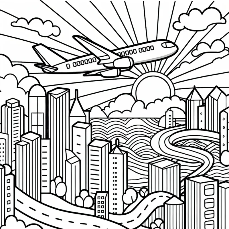 Un avion survolant une ville animée, entre les gratte-ciel, avec un lever de soleil en arrière-plan