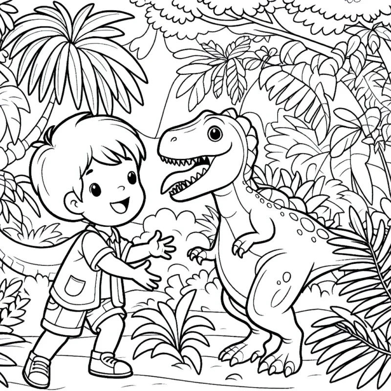 Un petit garçon joue avec des dinosaures dans une jungle foisonnante.