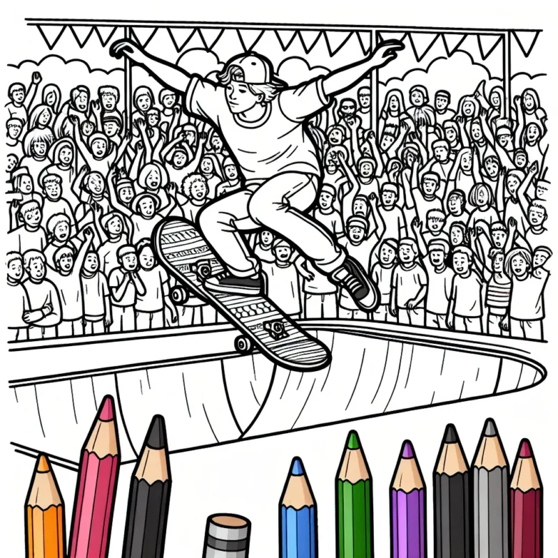 Dessine un Skateur exécutant une figure impressionnante dans un skatepark plein d'adrénaline, avec un public étonné en arrière-plan.