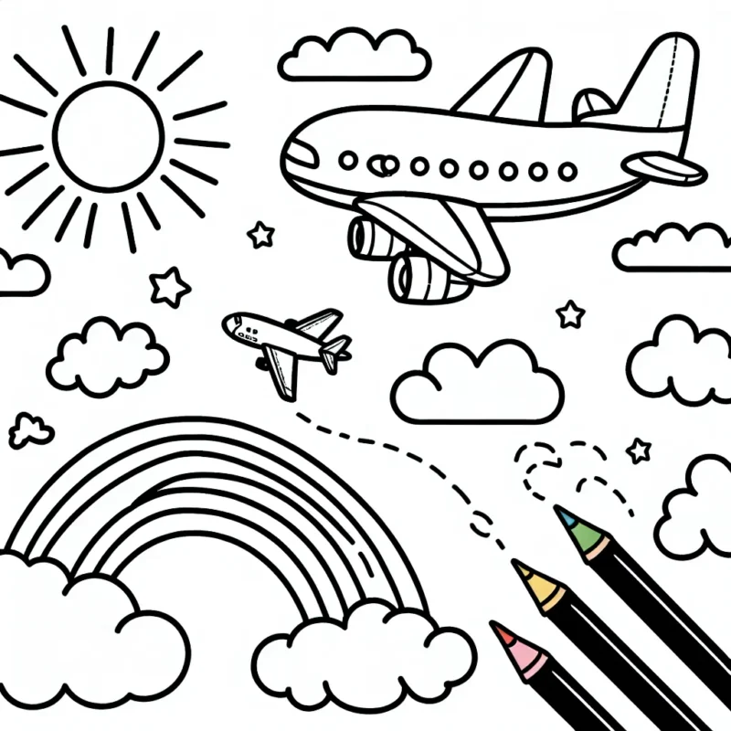 Dans ce dessin, tu trouveras différents types d'avions. Ils volent haut dans le ciel, au milieu des nuages. Quels couleurs vas-tu donner à ces avions et au ciel autour ?