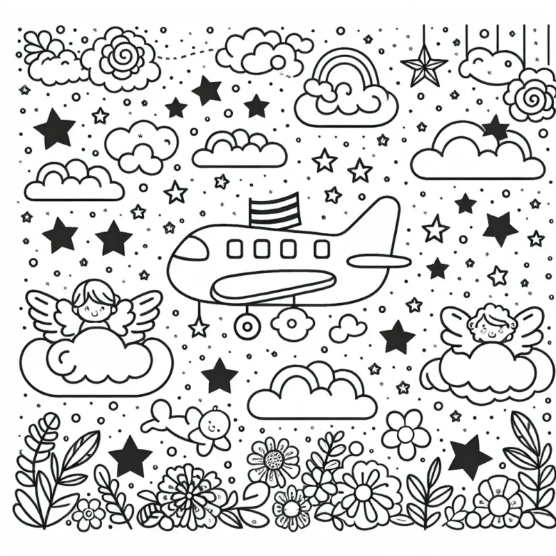 Une scène représentant un avion volant dans le ciel étoilé, traversant des nuages en forme de divers objets : des fleurs, des étoiles, des anges. L'avion porte un drapeau cher aux enfants. Faites ressortir tous ces détails avec vos couleurs préférées.