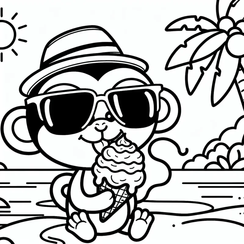 Un singe amical avec des lunettes de soleil qui déguste une glace sur une île tropicale