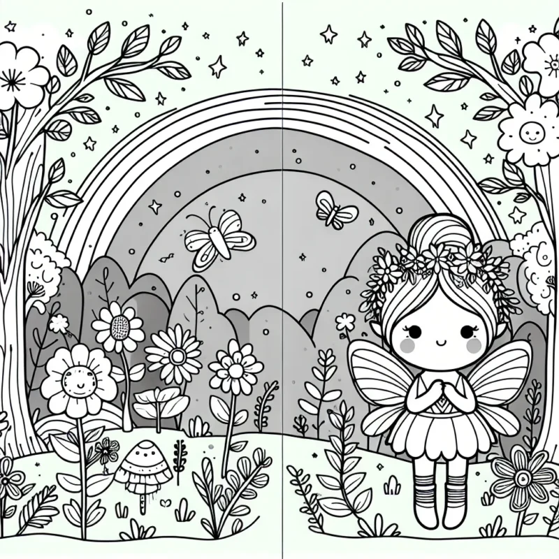 Une petite fée dans une forêt enchantée pleine de fleurs et d'arbres magiques avec un arc-en-ciel