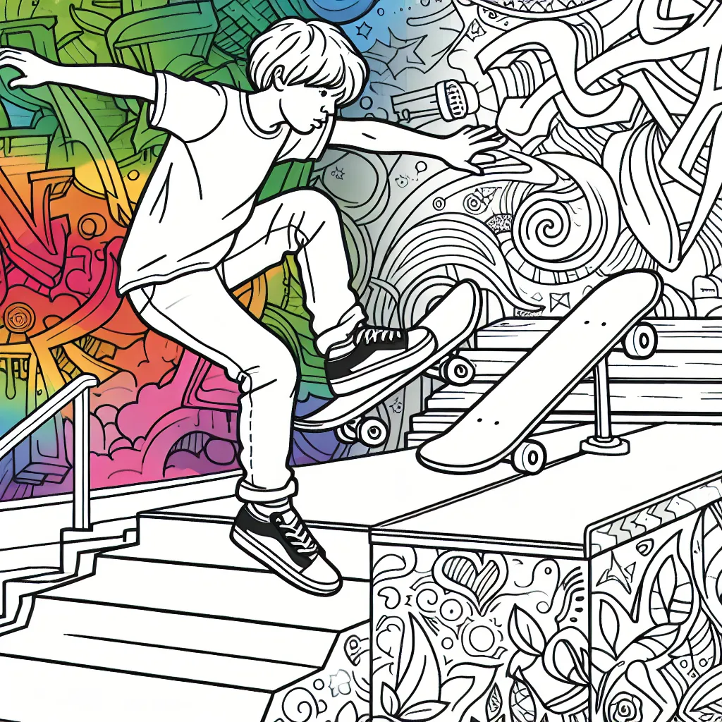 Imagine en image un skateur qui exécute une figure aérienne au-dessus d'une rampe dans un skate-park urbain. Un graffiti coloré comme arrière-plan.