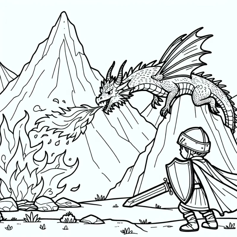 Dessin d'un jeune chevalier équipé de son épée et bouclier, prêt à affronter un dragon cracheur de flammes niché sur une montagne rocailleuse.