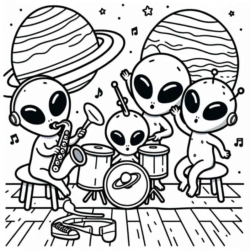 Une famille d'aliens jouant du saxophone à un concert sur Jupiter.